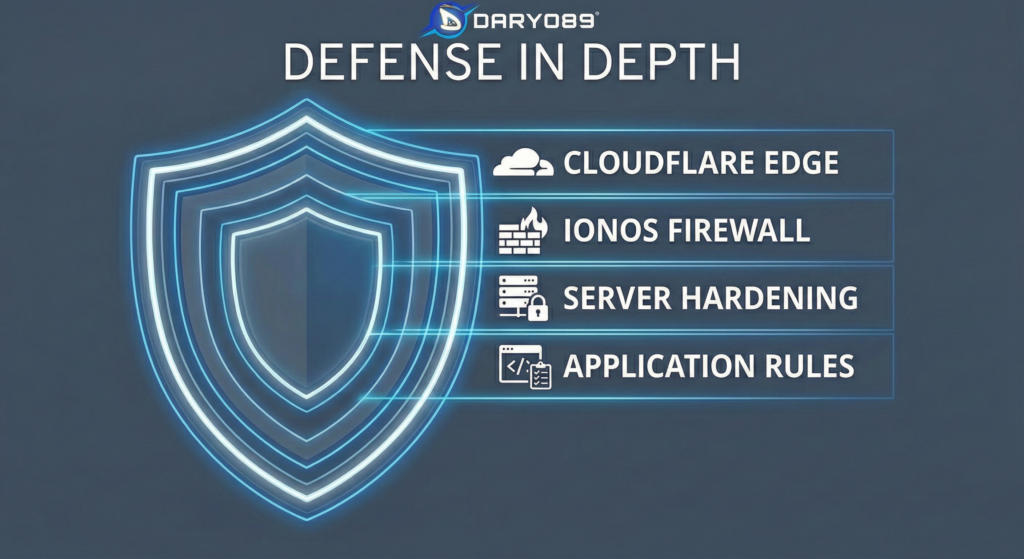 Hello World: Why We Spent Months Building the Perfect 100/100 Infrastructure Before Launching Diagram showing Cloudflare Edge, IONOS Firewall, and Server Hardening layers.