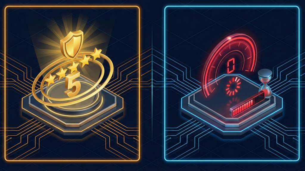 The "Digital Deficit": Why Cambourne’s Best Businesses Are Losing 30% of Their Revenue. Graphic illustrating the 'Digital Deficit': A Gold 5-Star Service Shield contrasted with a Red Slow Website Speedometer, representing high-quality Cambourne businesses held back by poor technical infrastructure.