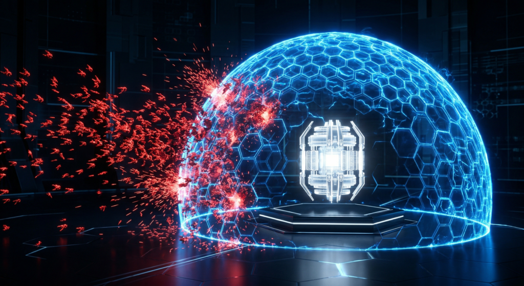 The Performance Engine: Why Shared Hosting is a Corporate Liability 3D visualization of a Cloudflare Sovereign Perimeter blocking malicious AI bot traffic from an origin server.