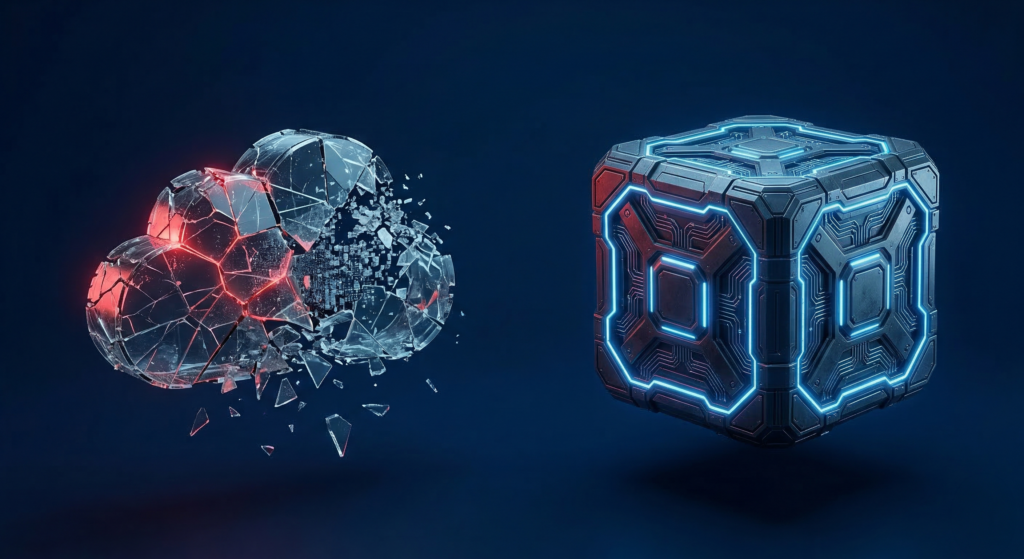 The Sovereignty Mandate: Why High-Growth UK Businesses Are Abandoning Rented SaaS Conceptual 3D infographic contrasting a shattered glass cloud, representing vulnerable multi-tenant SaaS architecture, against a solid, glowing blue metallic cube, symbolizing the impenetrable security of the Daryo89 Sovereign Stack.