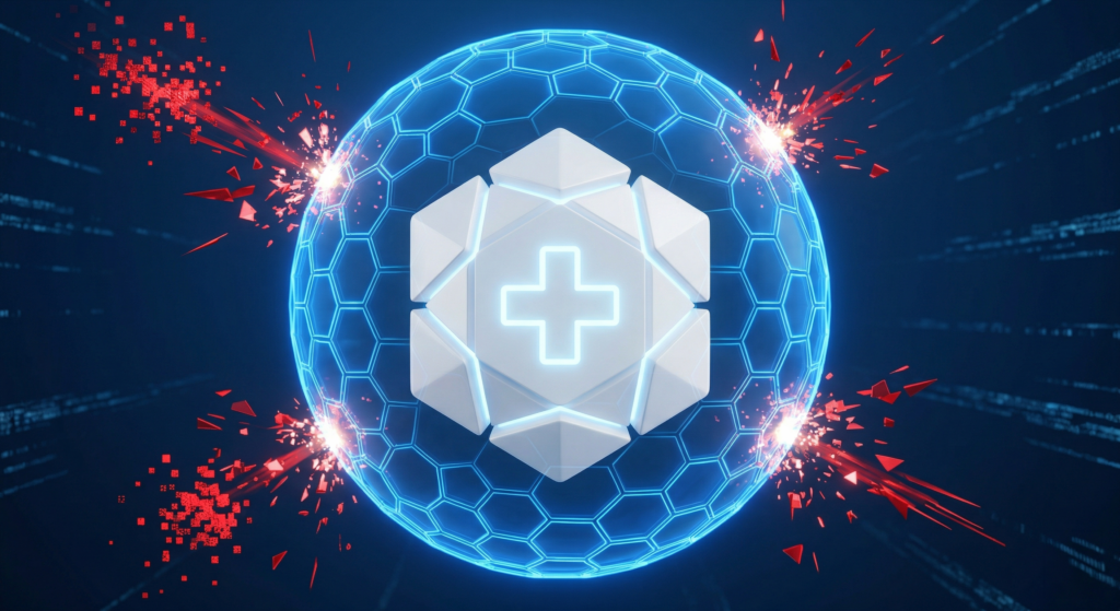 Vertical Strike: The 2026 Digital Liabilities of UK Private Clinics 3D visualization of a Sovereign Perimeter protecting sensitive medical data from unauthorized tracking and AI bot scraping.