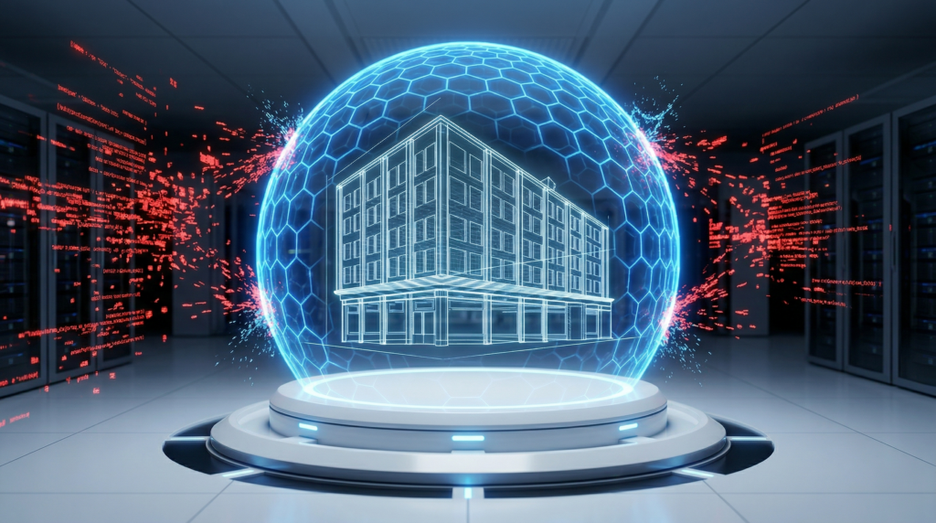Vertical Strike: The 2026 Digital Liabilities of UK Commercial Construction 3D visualization of a Sovereign Perimeter protecting sensitive architectural CAD files and structural blueprints from ransomware.