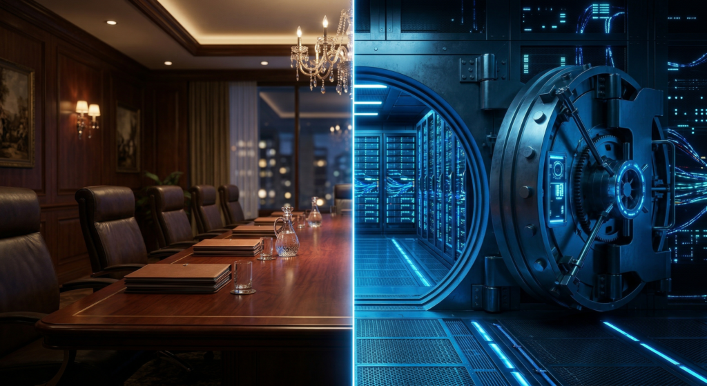 Vertical Strike: The 2026 Digital Liabilities of UK Law Firms Conceptual 3D render representing secure digital infrastructure and SRA compliance for UK corporate law firms.