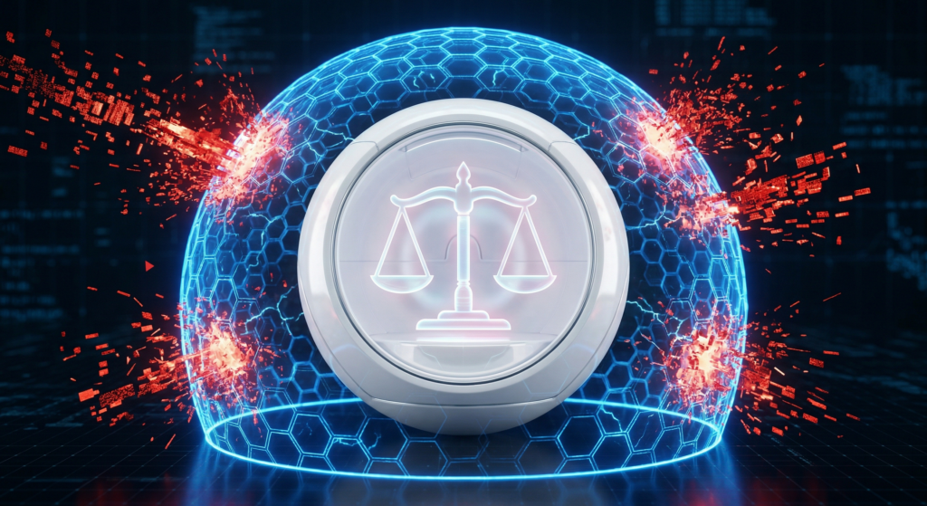 Vertical Strike: The 2026 Digital Liabilities of UK Law Firms 3D visualization of a Sovereign Perimeter protecting sensitive legal data from ransomware and unauthorized tracking.