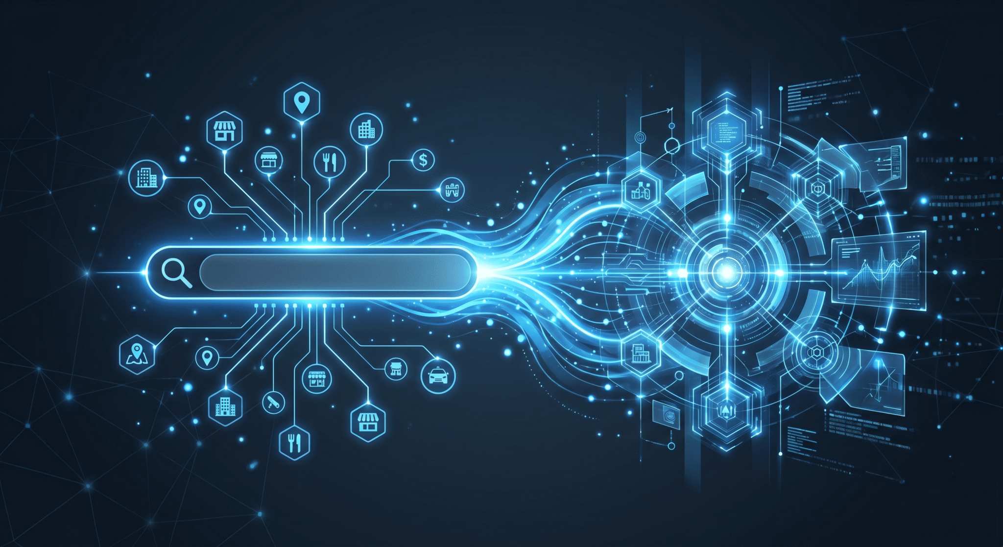 Abstract visualization of a Google Search bar seamlessly integrating with a futuristic Artificial Intelligence neural network, representing the shift to Generative Engine Optimization.