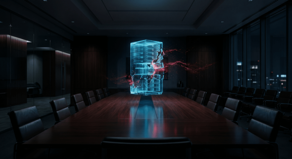 Architectural visualization of a dark corporate boardroom featuring a fractured holographic data server leaking red digital particles, symbolizing infrastructure liability and data sovereignty risks for UK law firms.