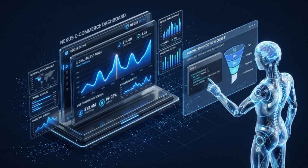 B2B e-commerce platform dashboard displaying sub-second server performance telemetry next to a translucent AI agent executing a browser-native purchase transaction via WebMCP protocols.