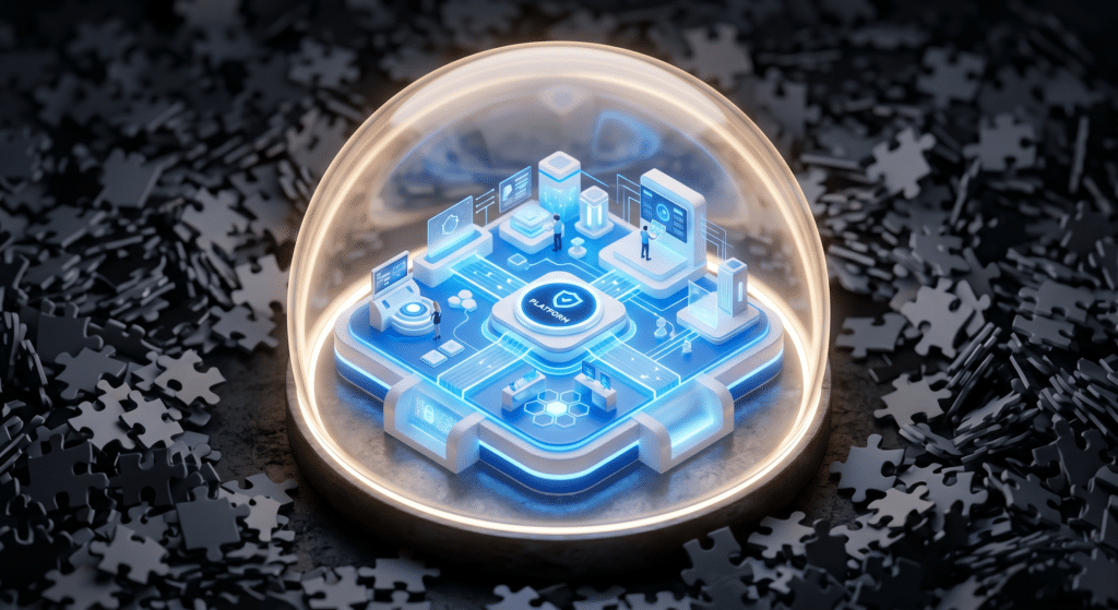 Conceptual 3D illustration of a secure, independent digital platform representing Daryo89's Safe Digital Space, breaking away from cluttered shared hosting environments.