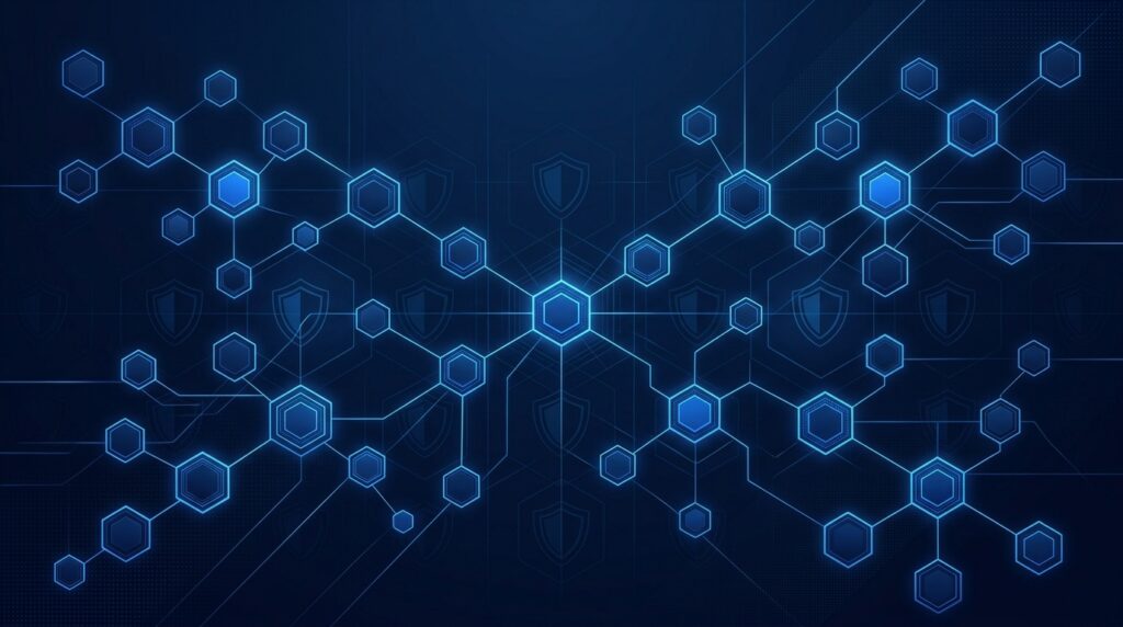 Abstract network diagram representing structured data and security layers