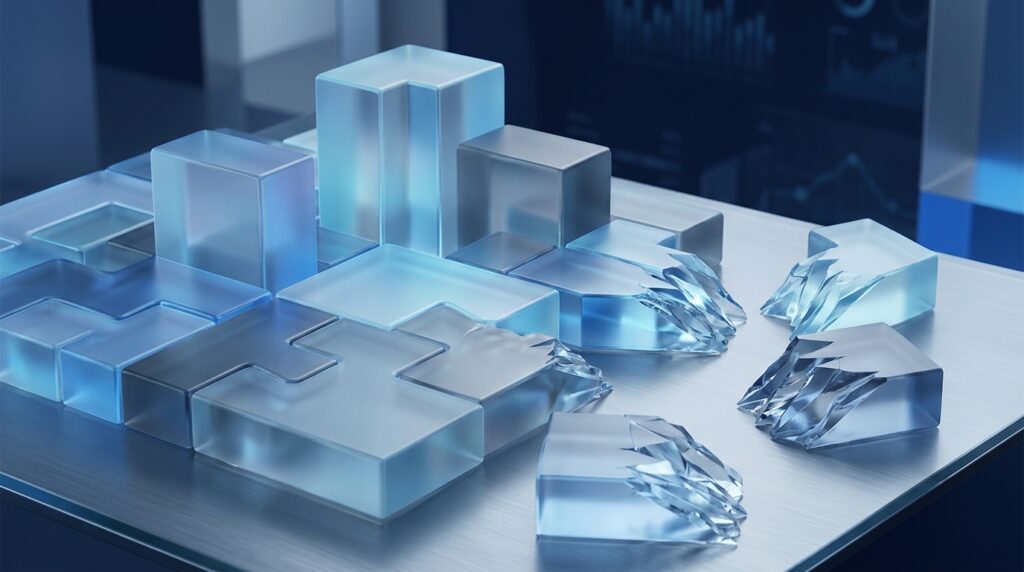 Interlocking glass puzzle pieces representing self-contained versus fragmented content chunks