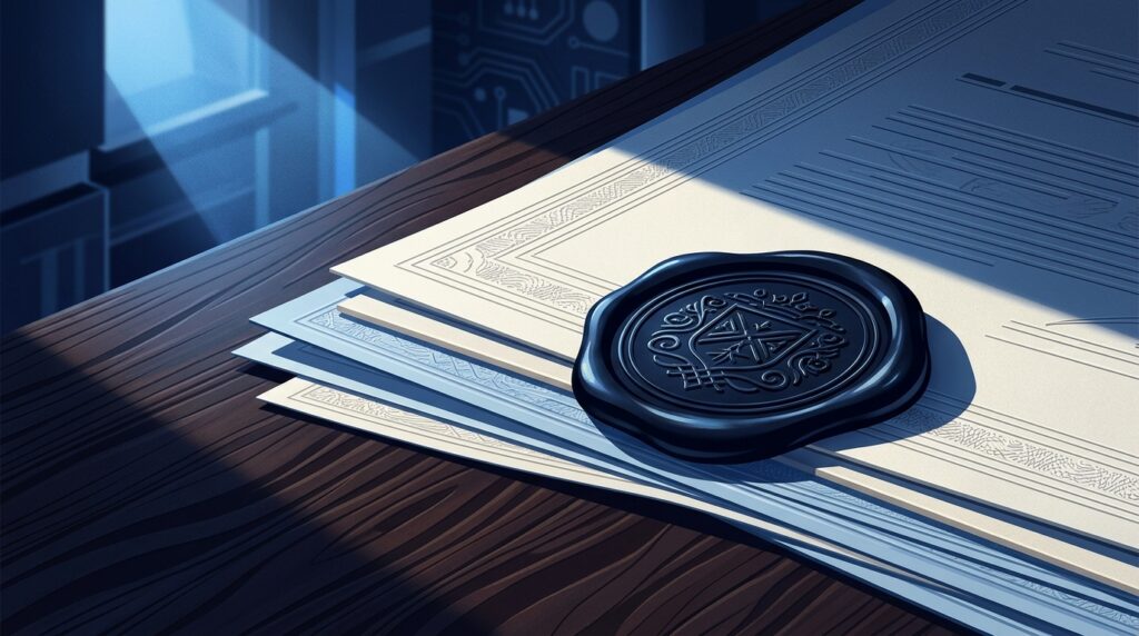 Formal registration documents symbolising regulatory credentials