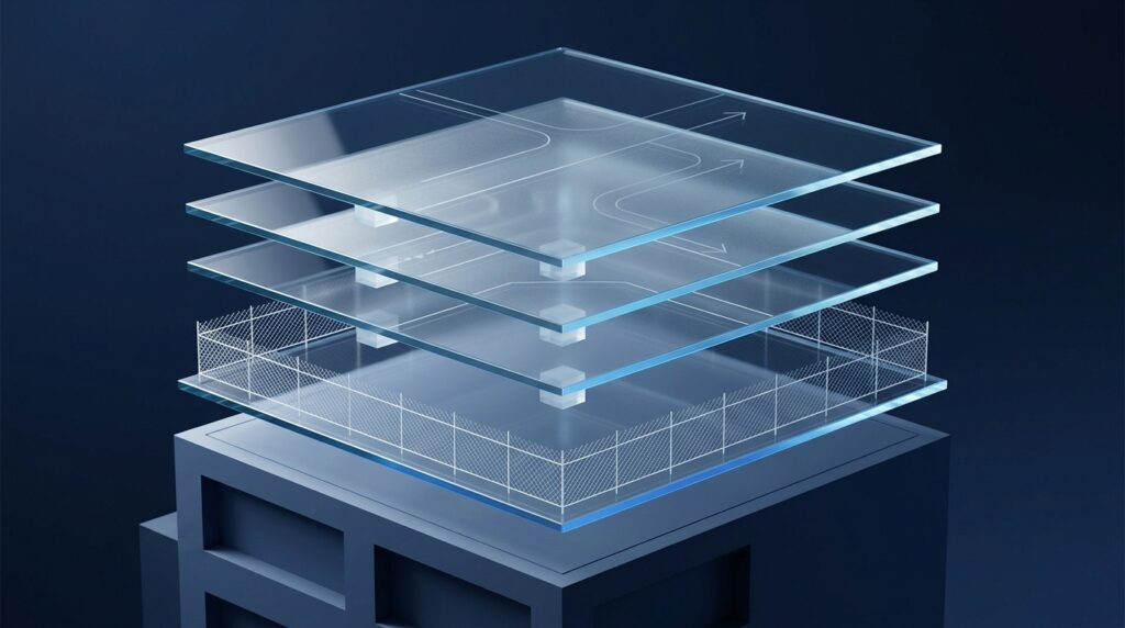 Layered glass panes representing perimeter access control beneath content pathways