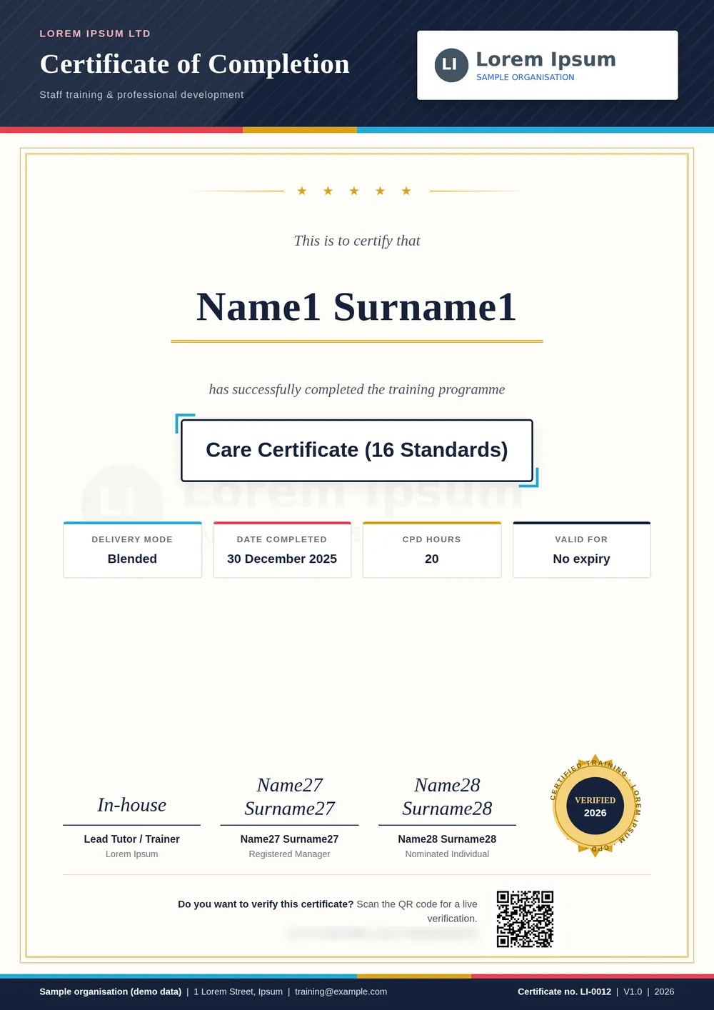 D89 Training Lite An A4 certificate of completion with the organisation’s logo, signatories and a verification QR code