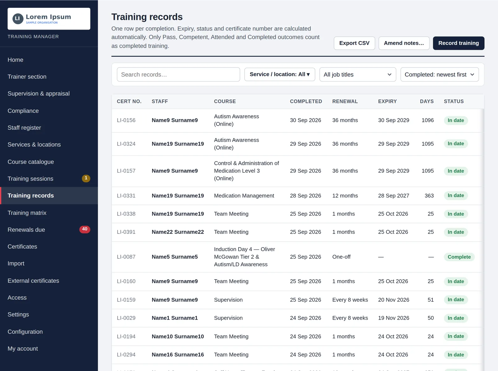 D89 Training Lite Training records with automatic expiry, renewal period and status