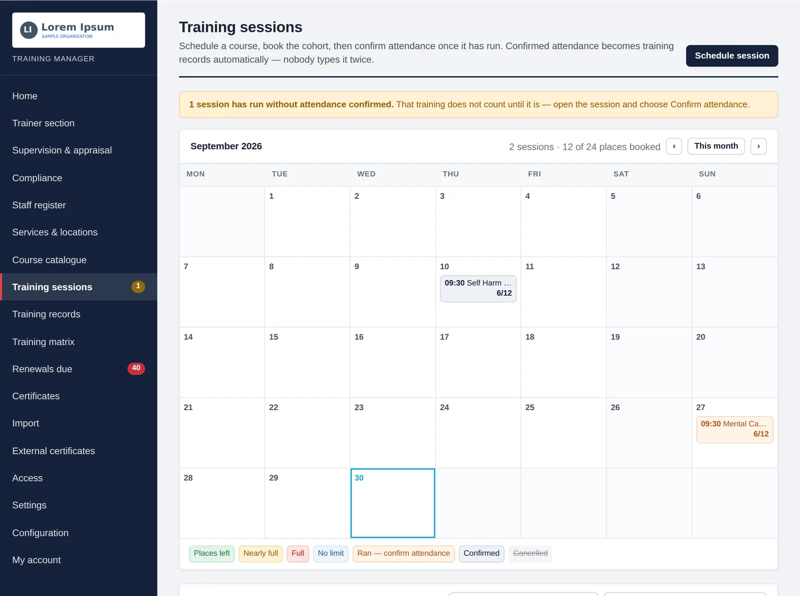 D89 Training Lite The training sessions calendar with booked places
